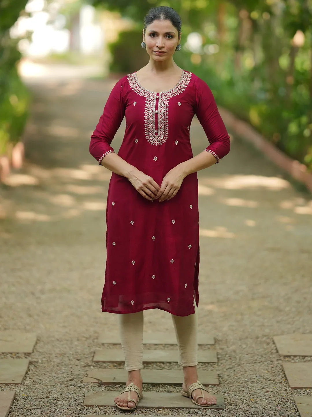 Libas Maroon Embroidered Silk Straight Kurta