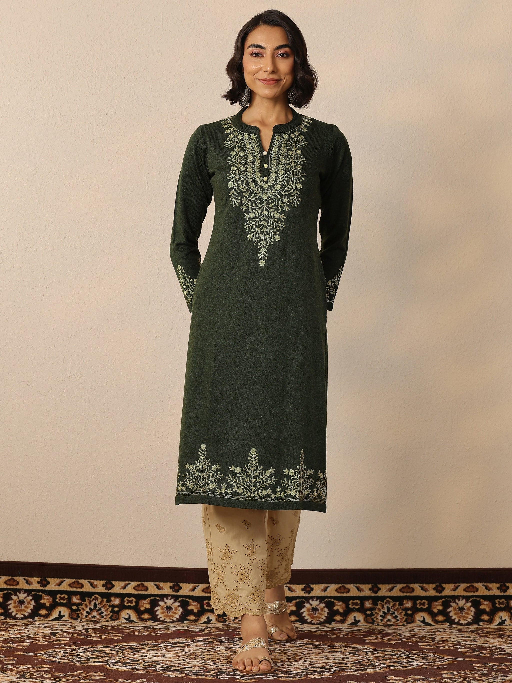 Libas Olive Embroidered Wool Straight Kurta