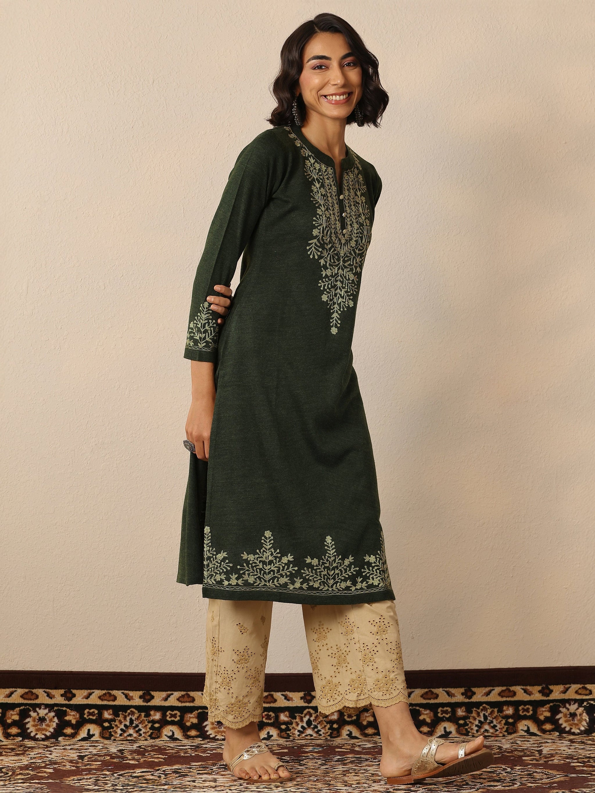 Libas Olive Embroidered Wool Straight Kurta
