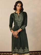 Libas Olive Embroidered Wool Straight Kurta