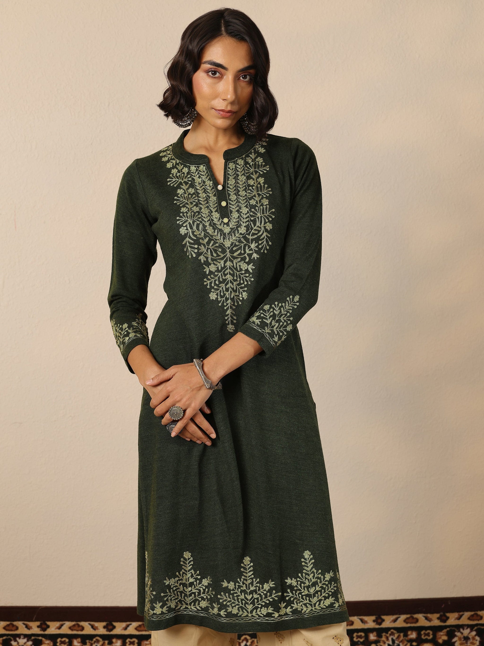 Libas Olive Embroidered Wool Straight Kurta
