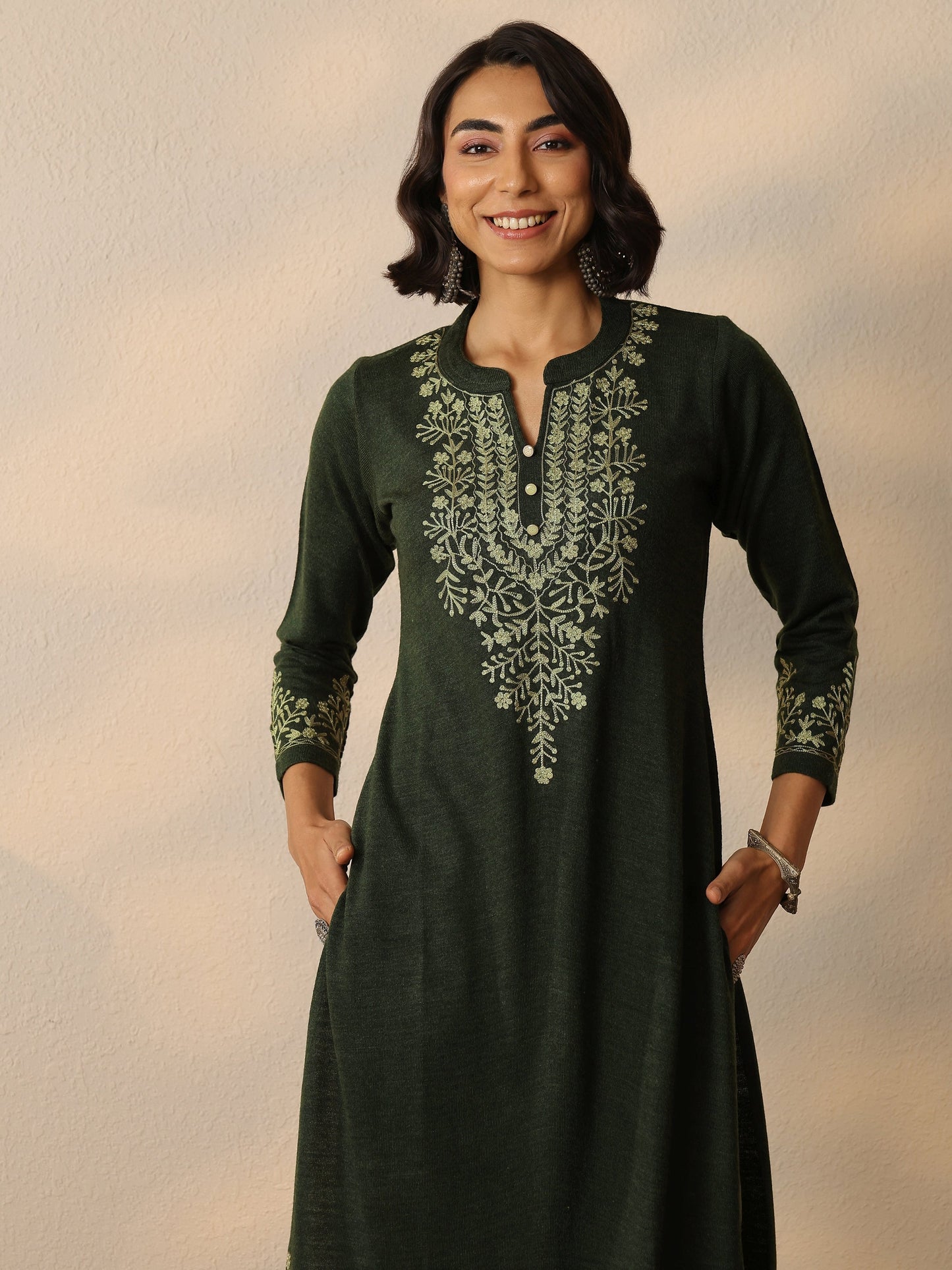 Libas Olive Embroidered Wool Straight Kurta