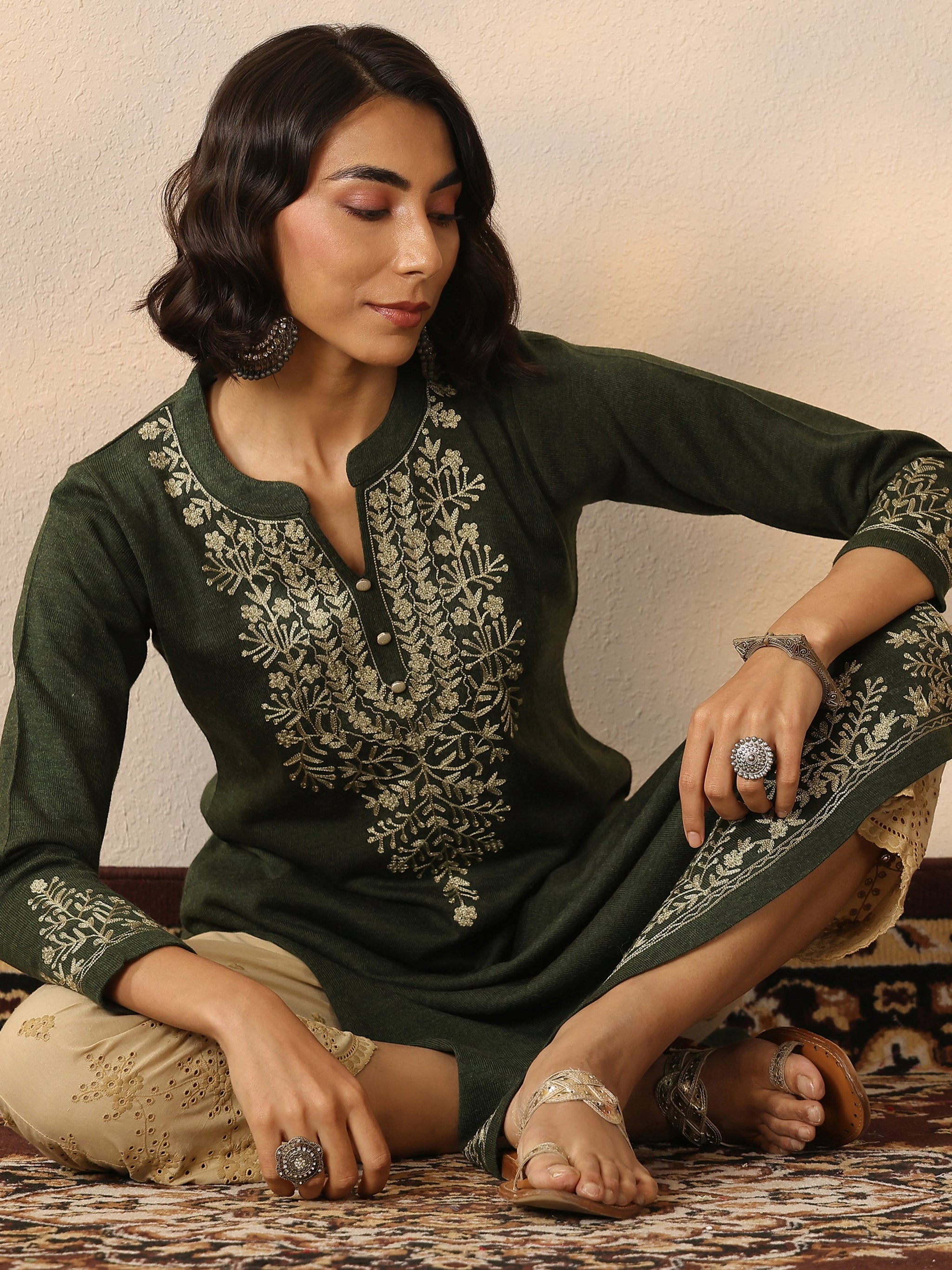 Libas Olive Embroidered Wool Straight Kurta