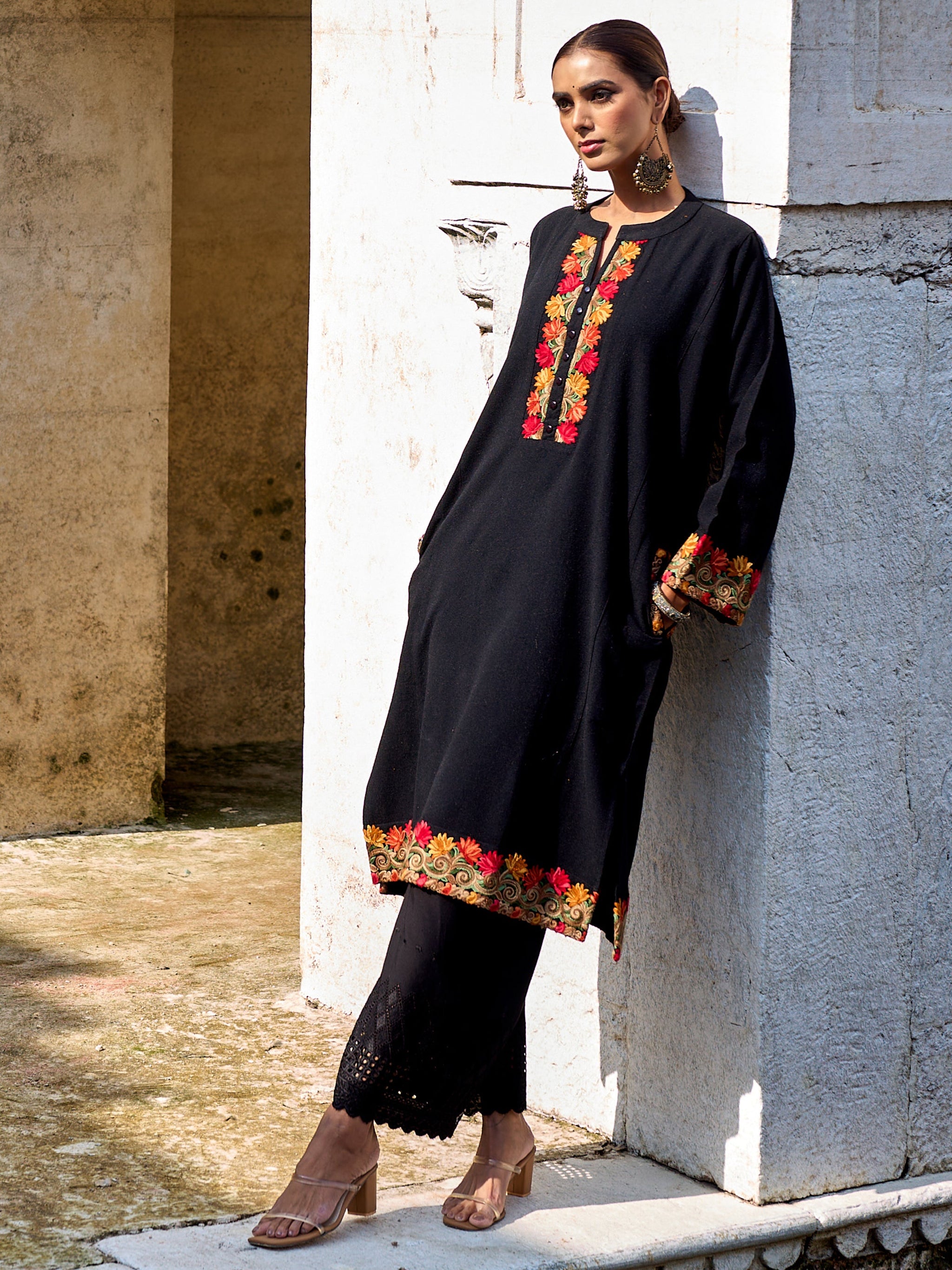 Libas Black Floral Embroidered Wool Straight Kurta