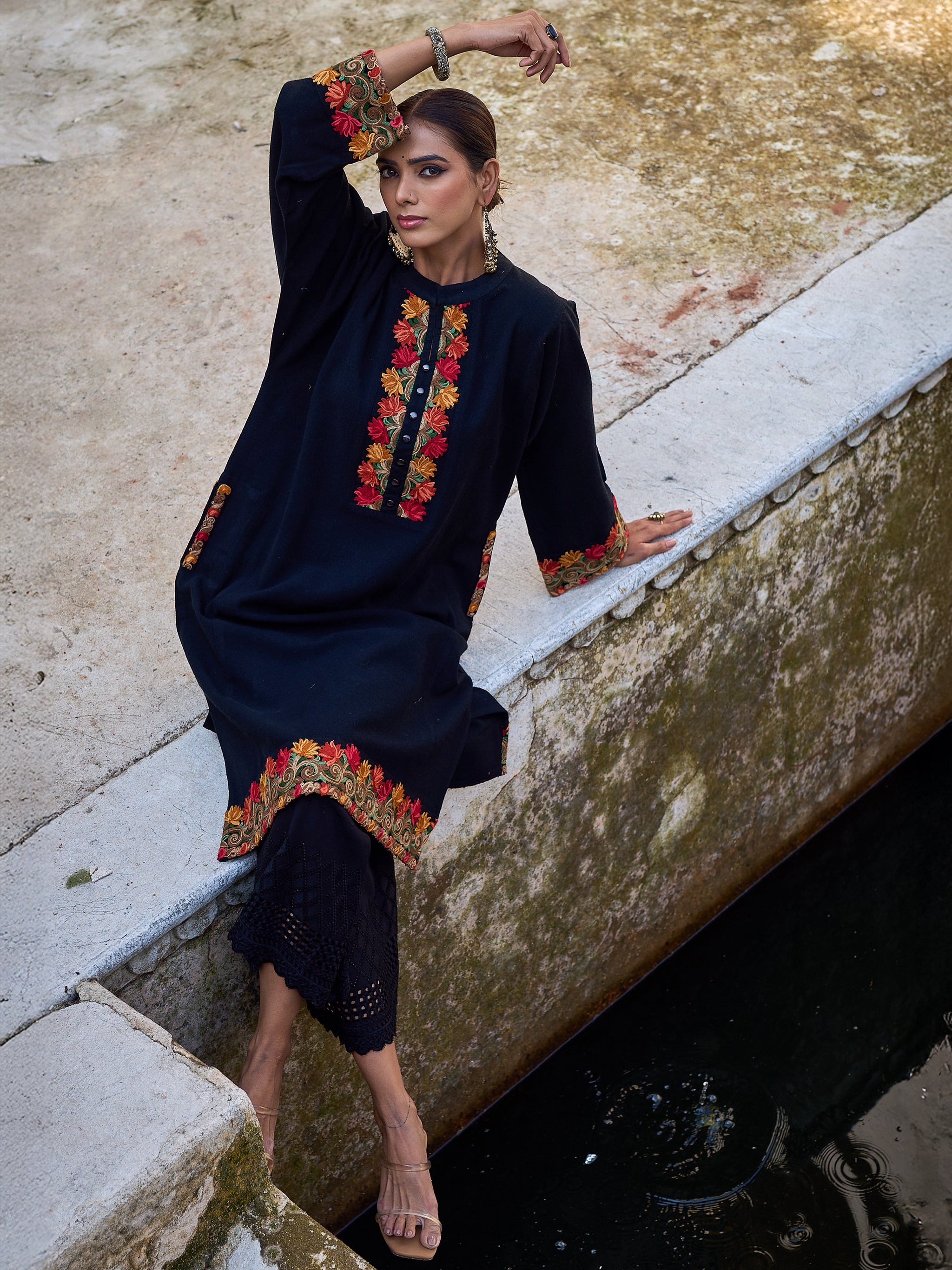 Libas Black Floral Embroidered Wool Straight Kurta