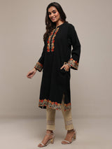 Libas Black Floral Embroidered Wool Straight Kurta