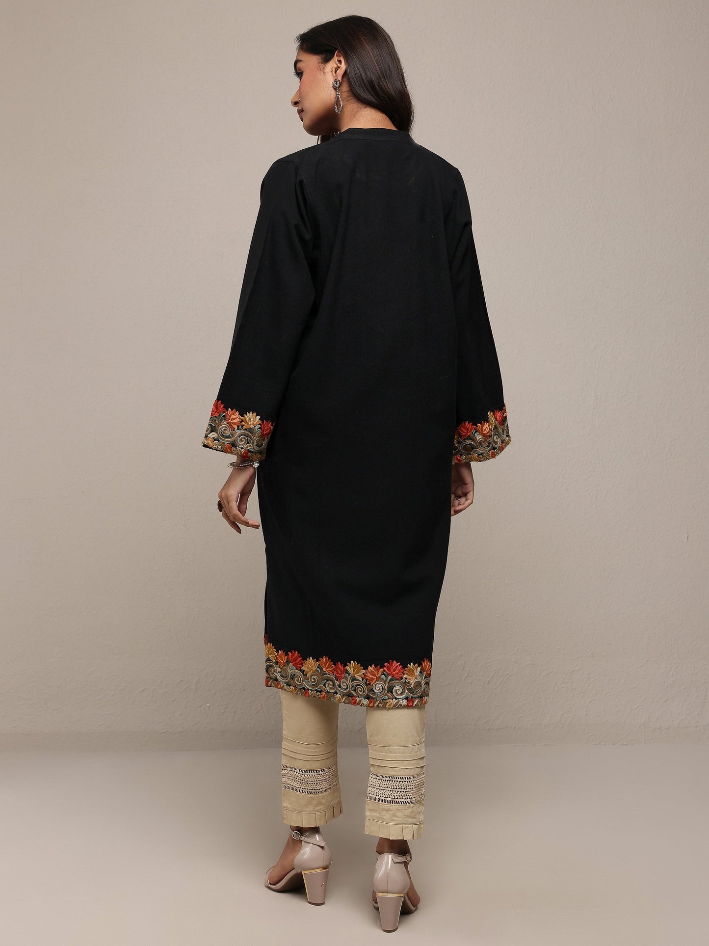 Libas Black Floral Embroidered Wool Straight Kurta
