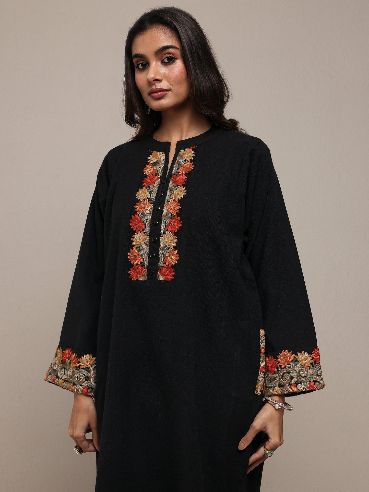 Libas Black Floral Embroidered Wool Straight Kurta