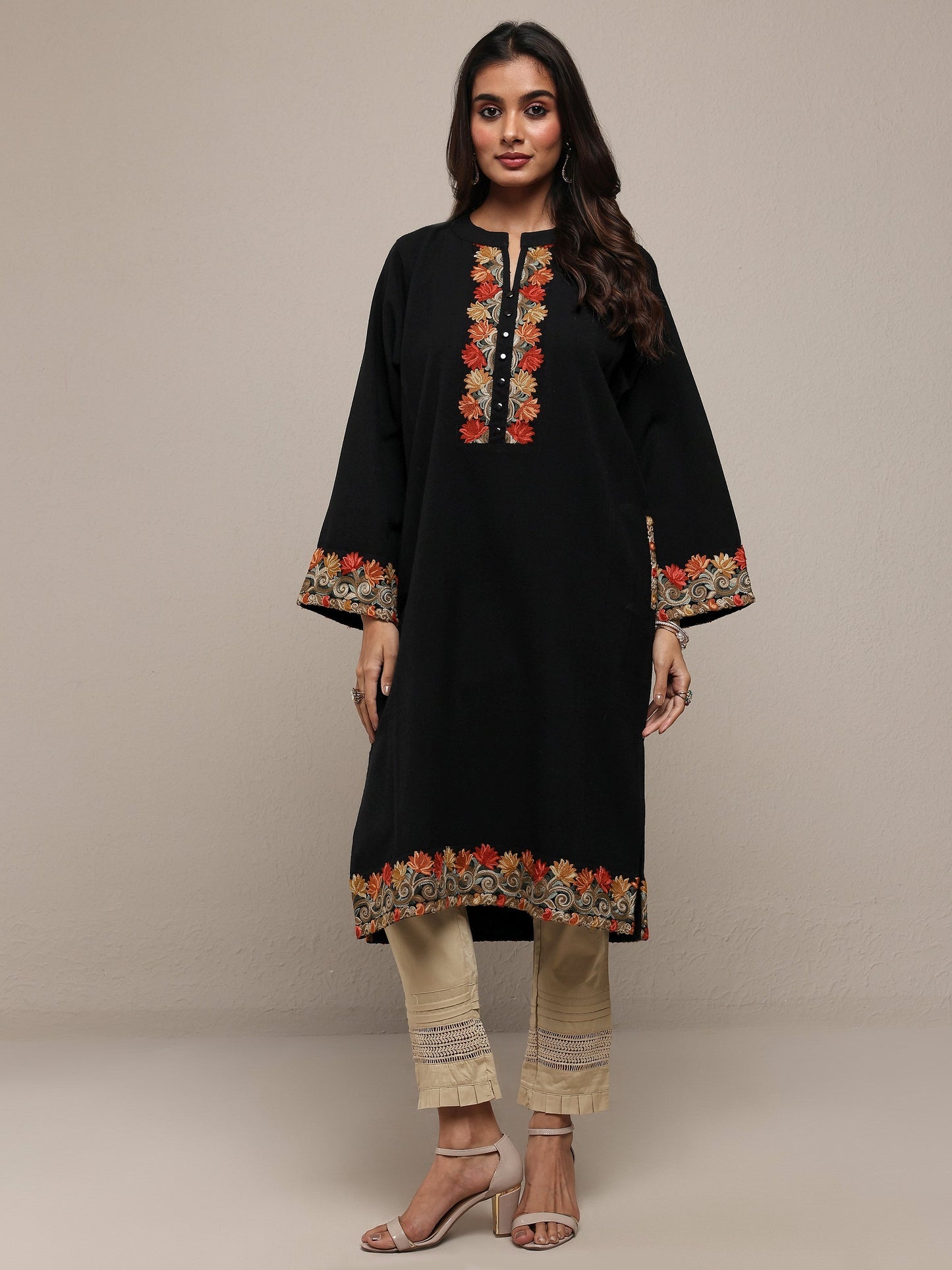 Libas Black Floral Embroidered Wool Straight Kurta