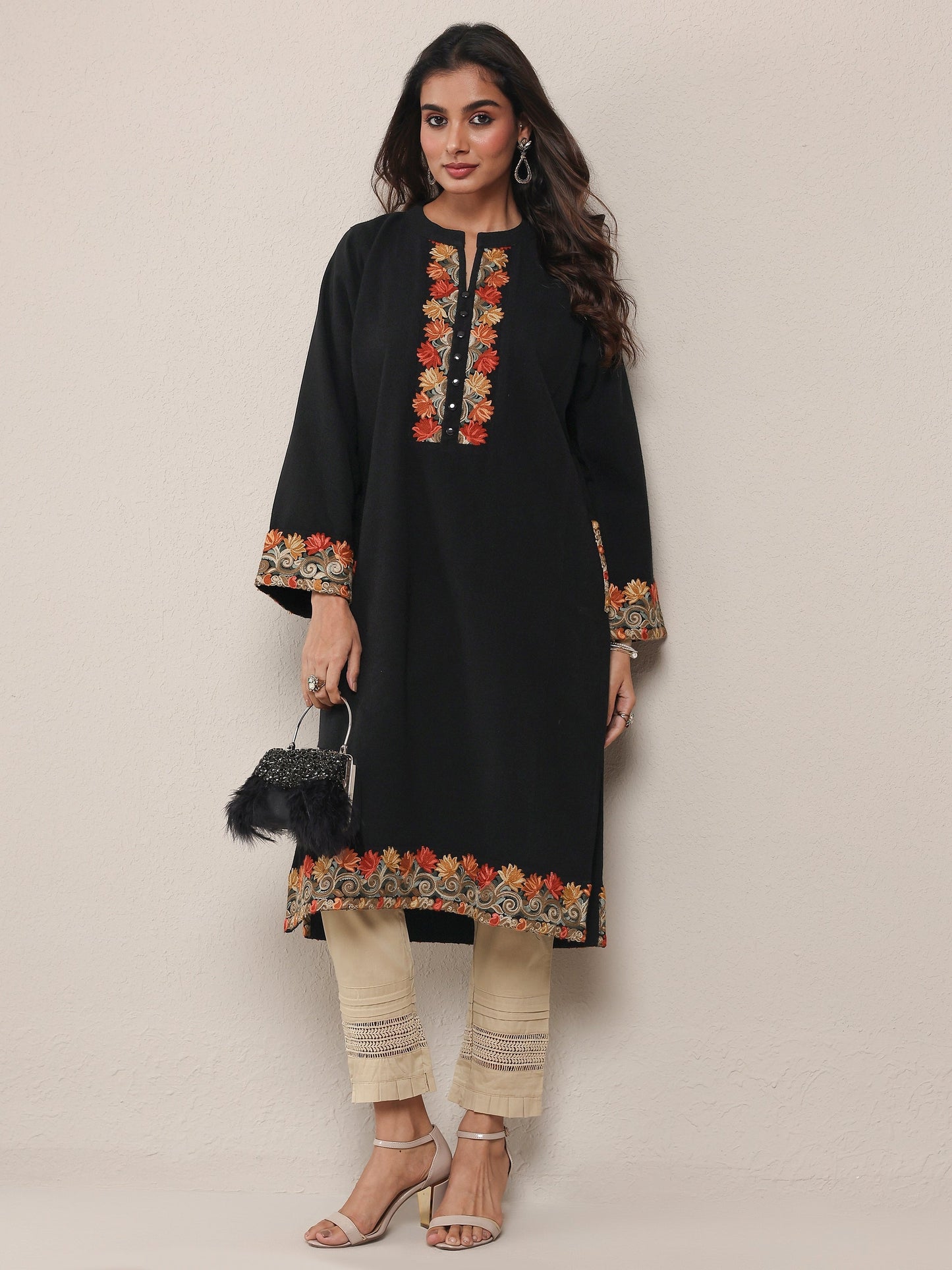 Libas Black Floral Embroidered Wool Straight Kurta