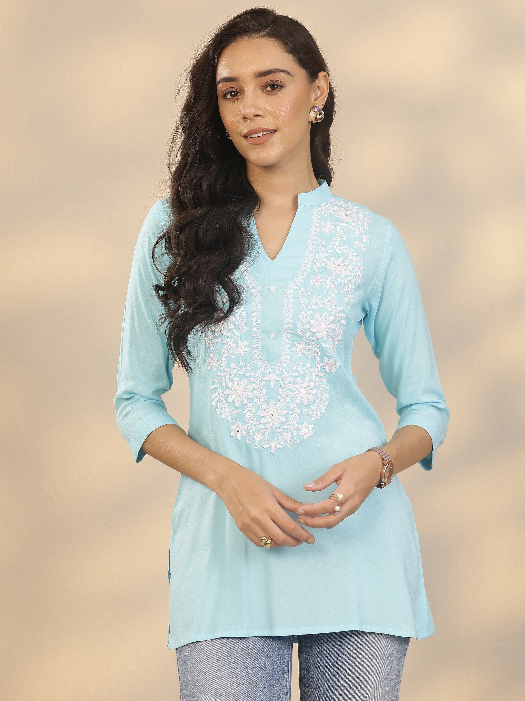 Gerua Blue Yoke Design Rayon Straight Short Kurti