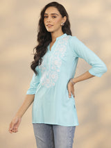 Gerua Blue Yoke Design Rayon Straight Short Kurti