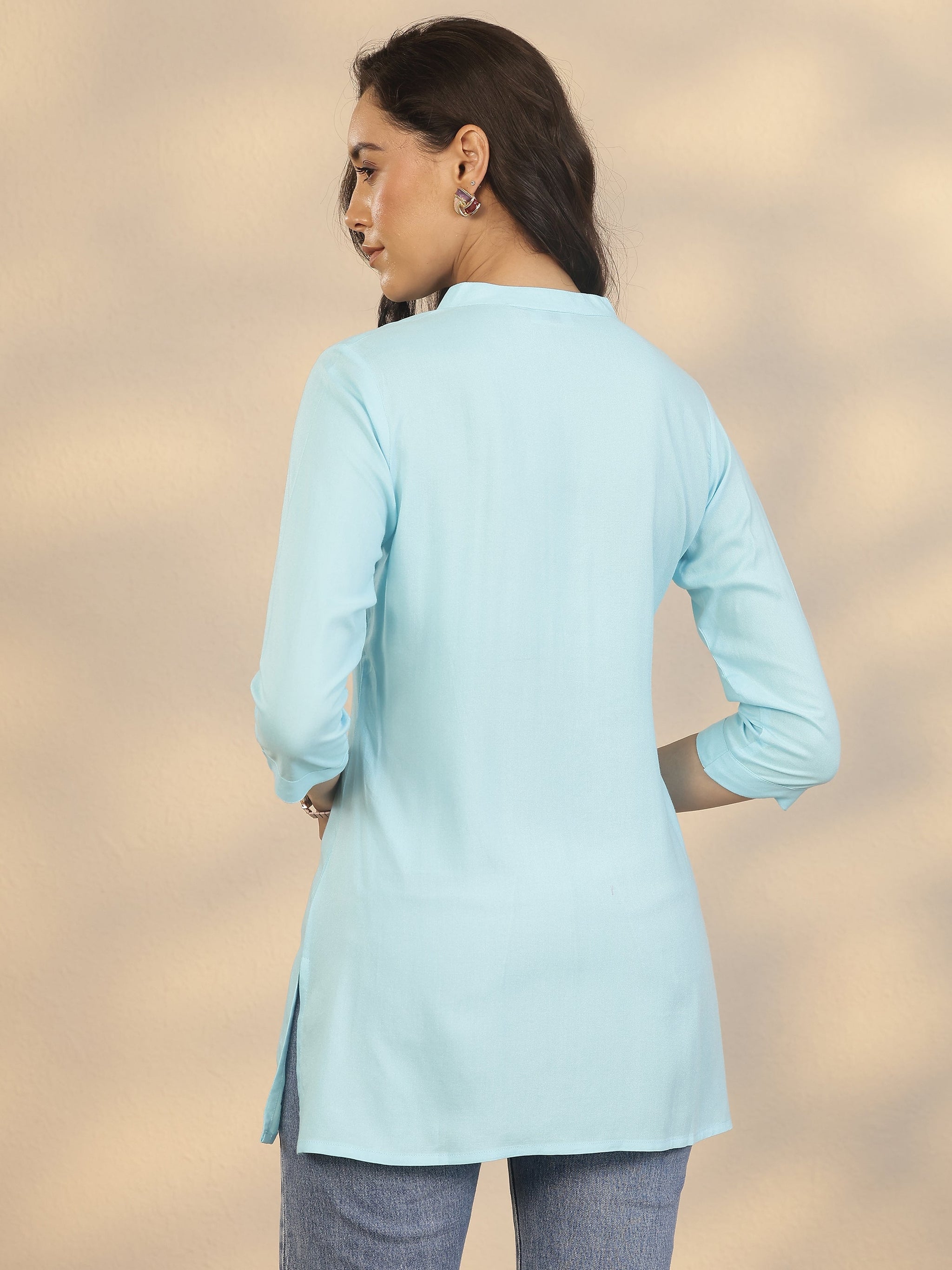 Gerua Blue Yoke Design Rayon Straight Short Kurti