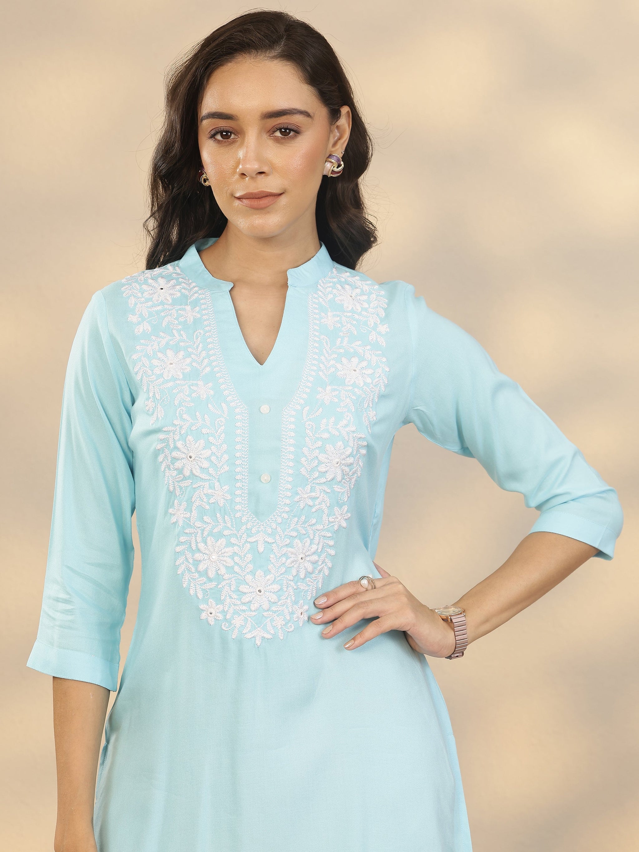 Gerua Blue Yoke Design Rayon Straight Short Kurti