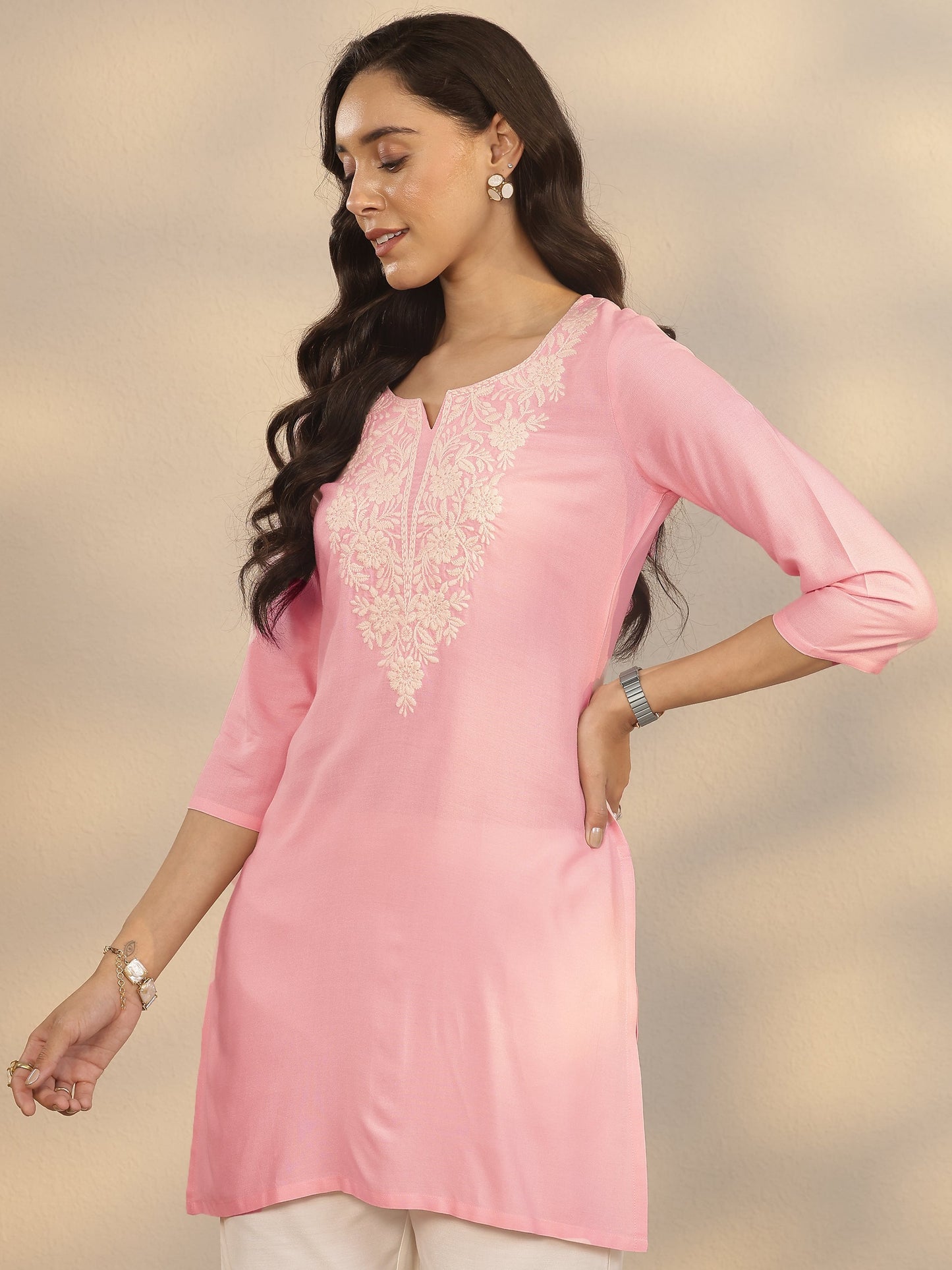 Gerua Pink Embroidered Rayon Straight Short Kurti