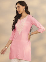 Gerua Pink Embroidered Rayon Straight Short Kurti