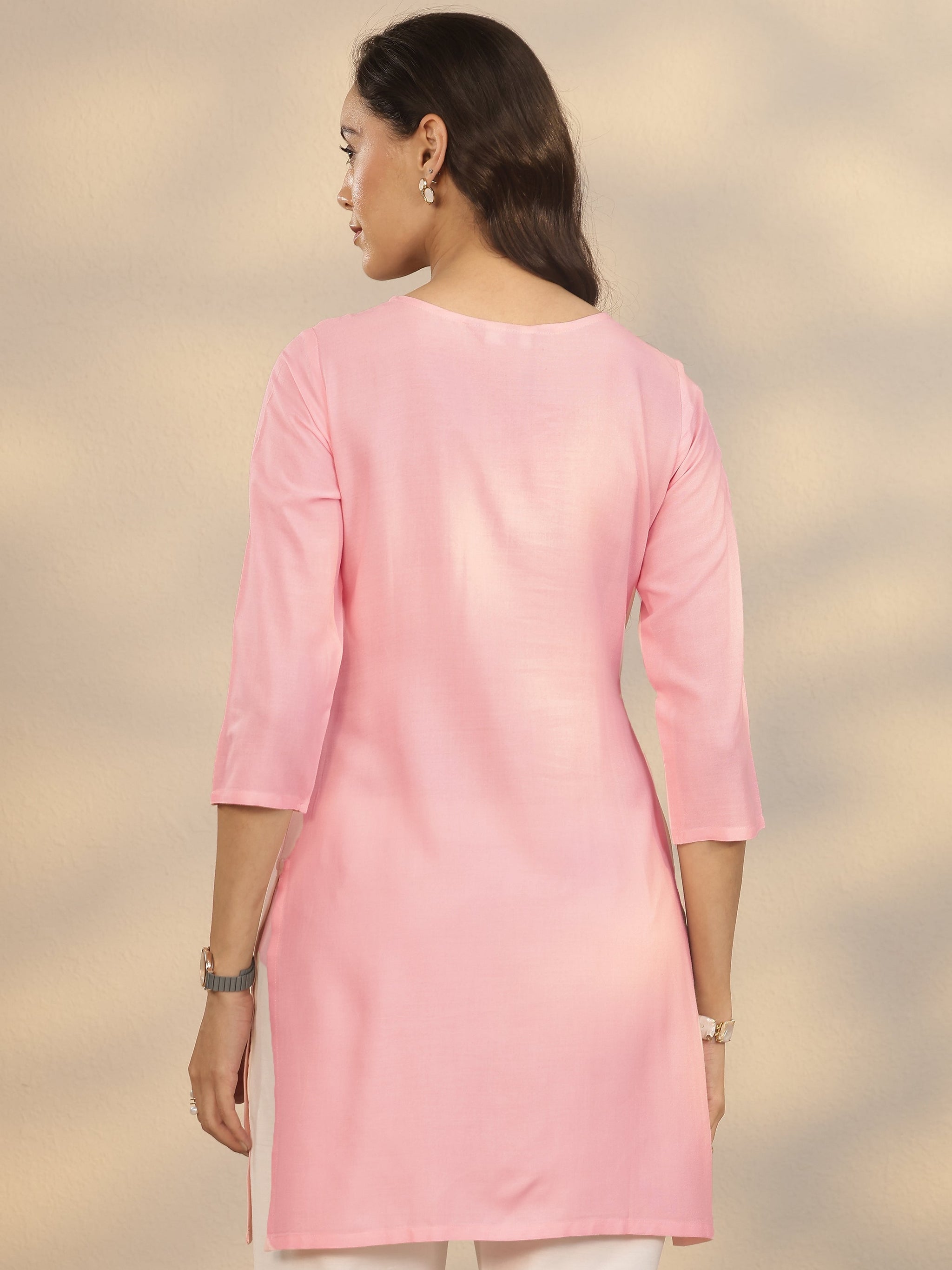 Gerua Pink Embroidered Rayon Straight Short Kurti