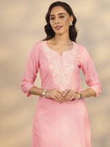 Gerua Pink Embroidered Rayon Straight Short Kurti