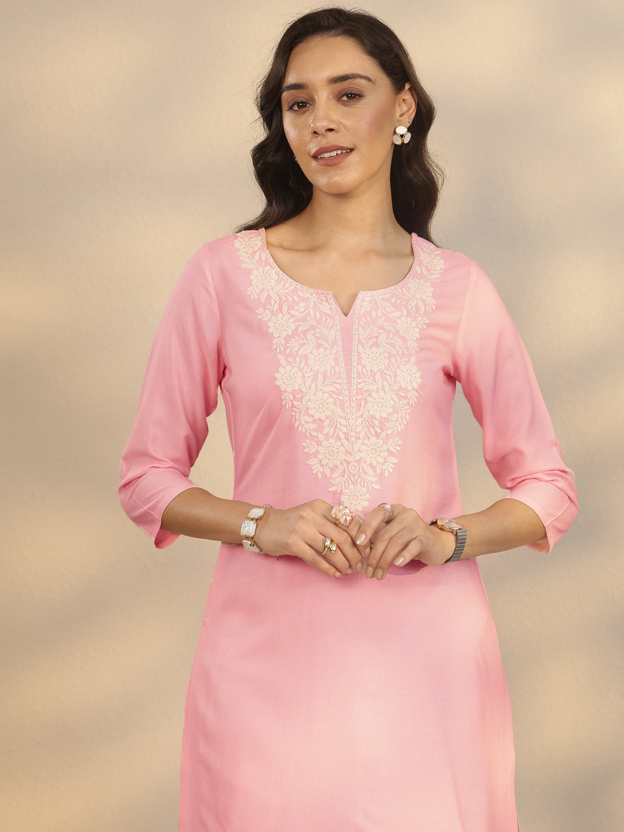 Gerua Pink Embroidered Rayon Straight Short Kurti