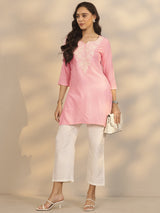 Gerua Pink Embroidered Rayon Straight Short Kurti