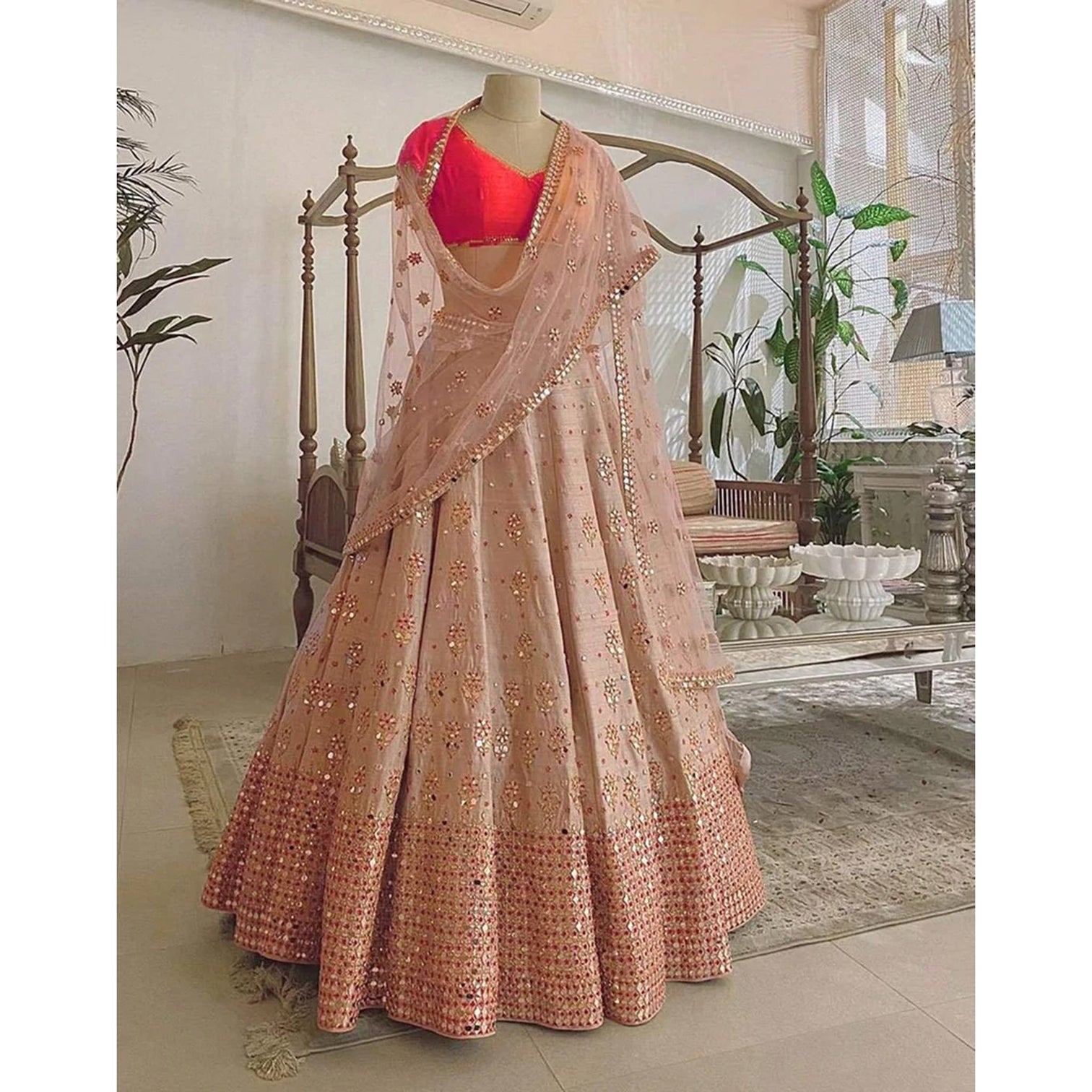 Beige Lehenga Choli with Embroidery and Mirror work for Wedding