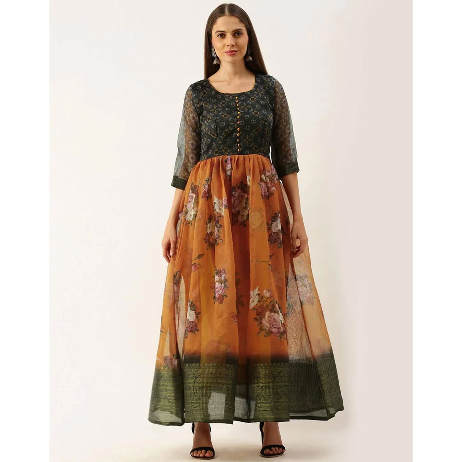 Black and Orange Combination Cotton Gown
