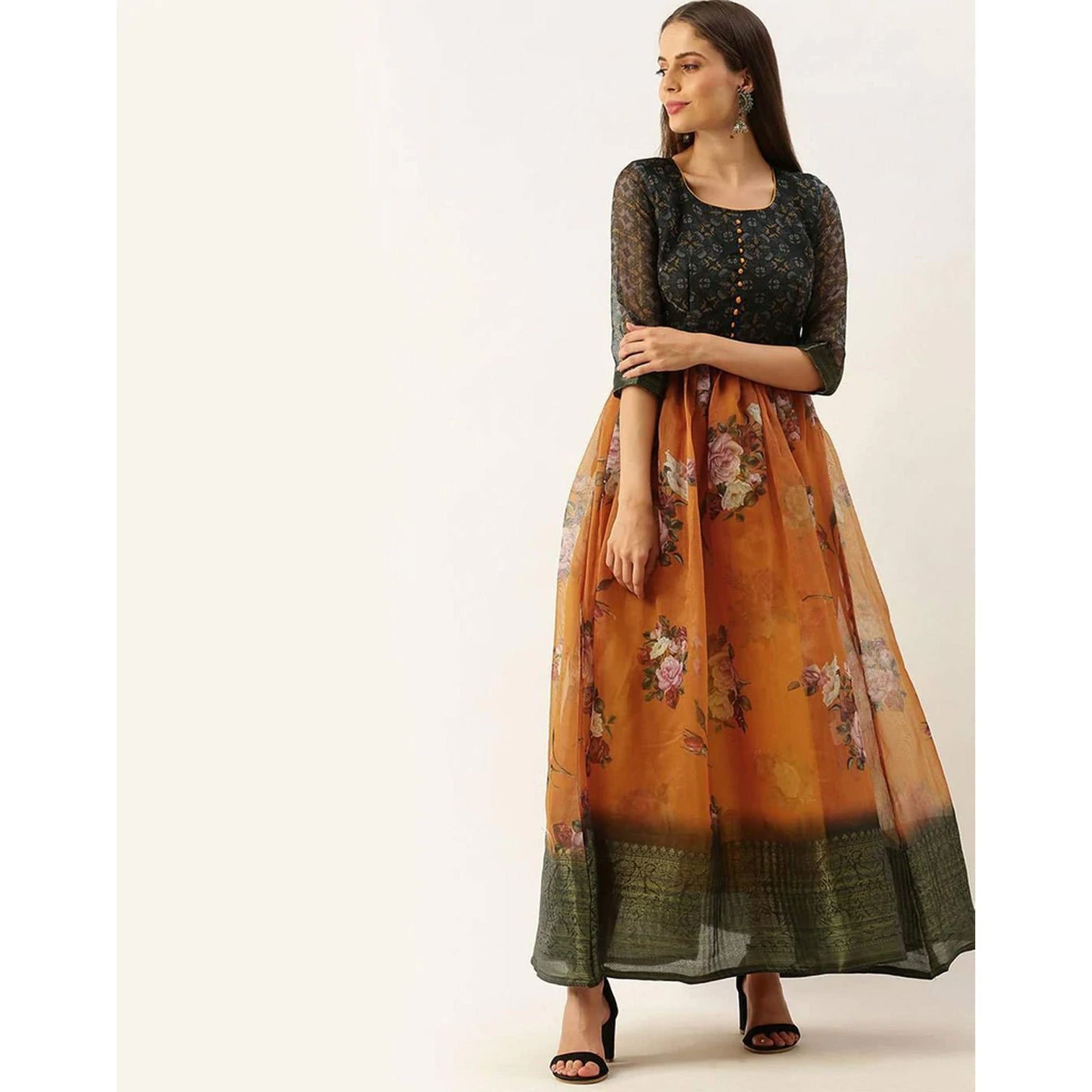 Black and Orange Combination Cotton Gown