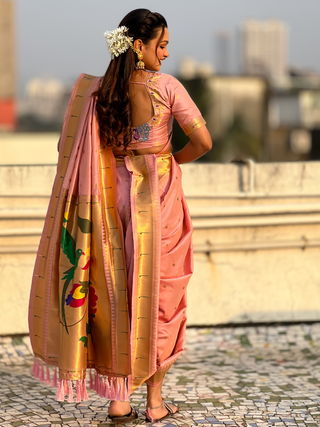 Baby Pink Wedding Special Nauvari Paithani Soft Silk Saree with Zari Woven Polka Motifs and Peacock Pallu