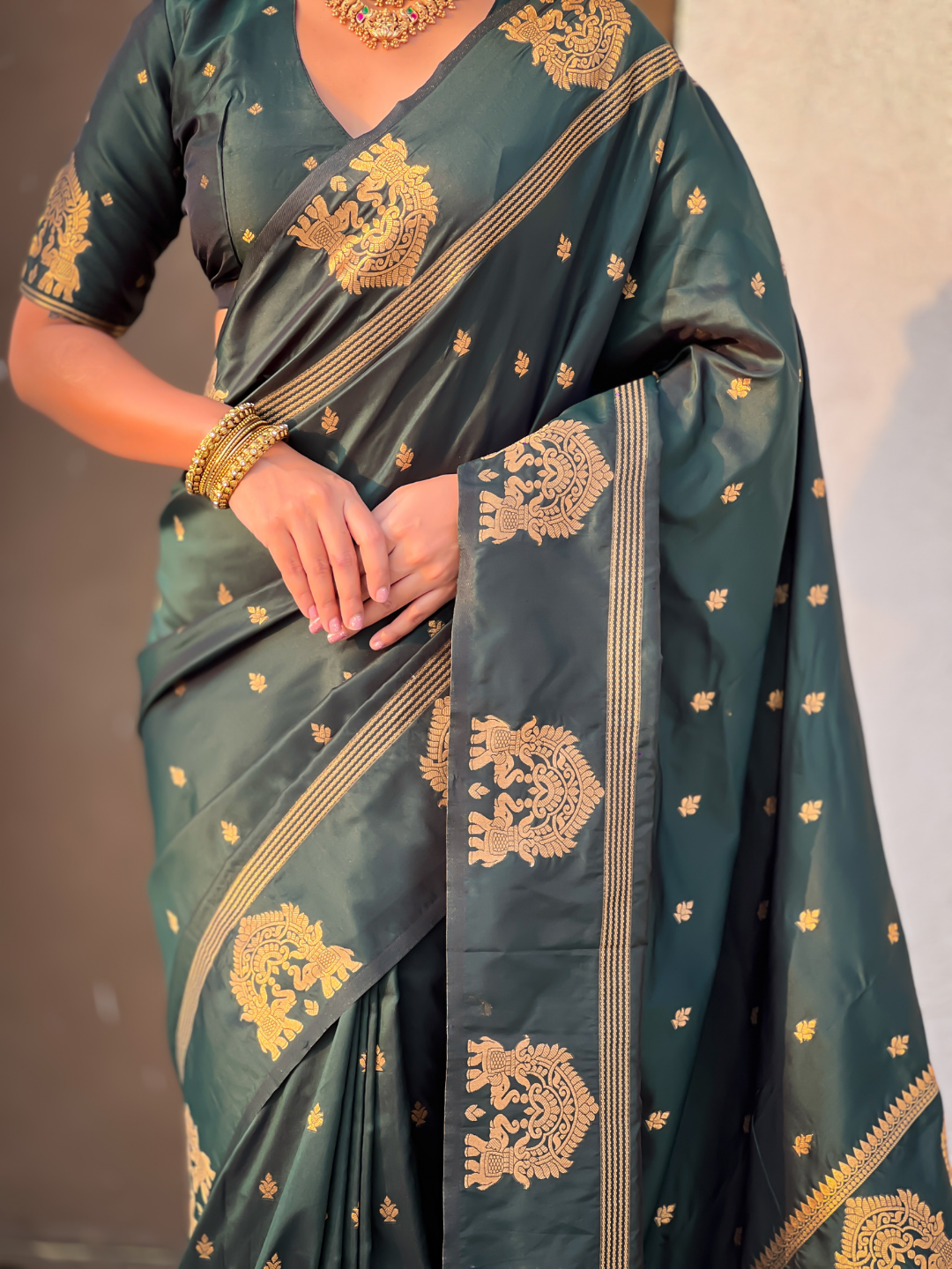 Bottle Green Soft Silk Traditional Zari Woven Saree