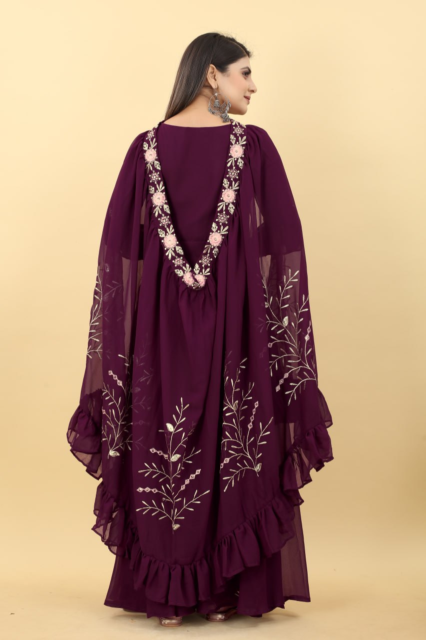 Wedding Attire: Long Wine Gown with Matching Shrug