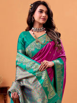 Noteworthy Magenta Zari Weaving Silk Festive Wear Saree With Blouse