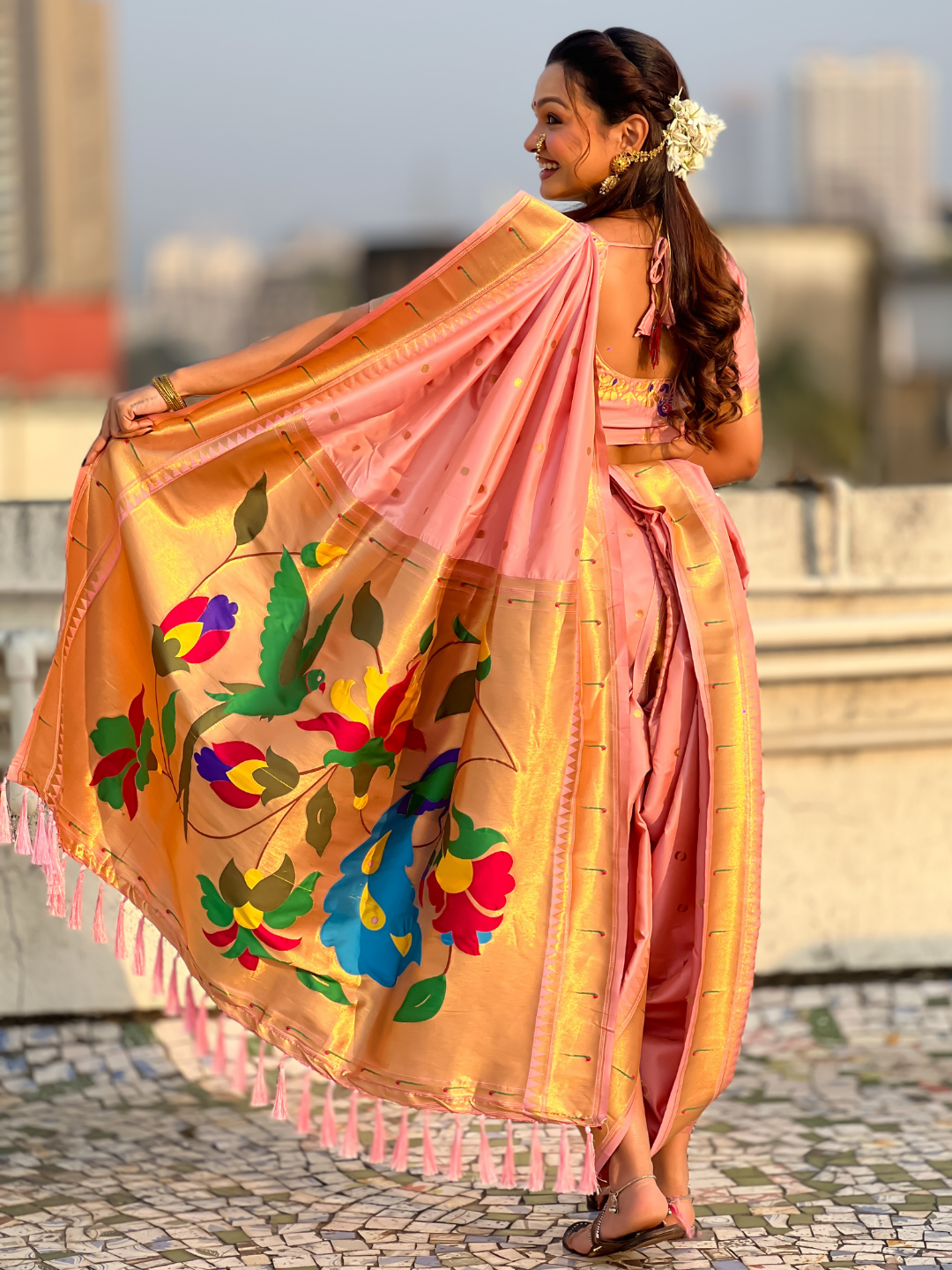 Baby Pink Wedding Special Nauvari Paithani Soft Silk Saree with Zari Woven Polka Motifs and Peacock Pallu
