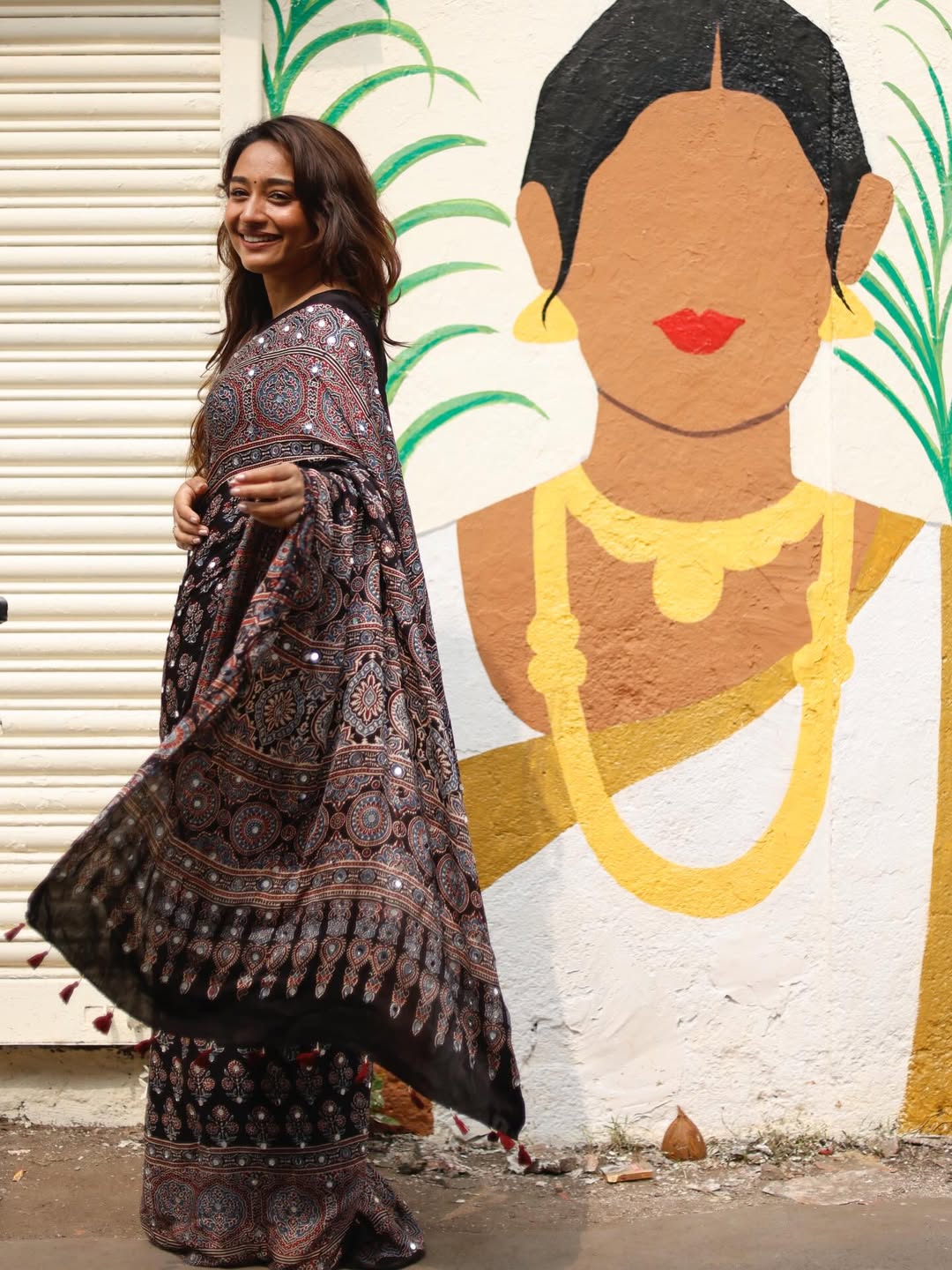 Black ajrakh printed modal silk saree with tassels attached blouse traditional ethnic festive wear saree