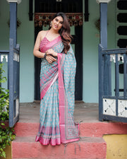 Aqua blue pure cotton linen saree with pink border floral motifs and tassel detailing mameraa