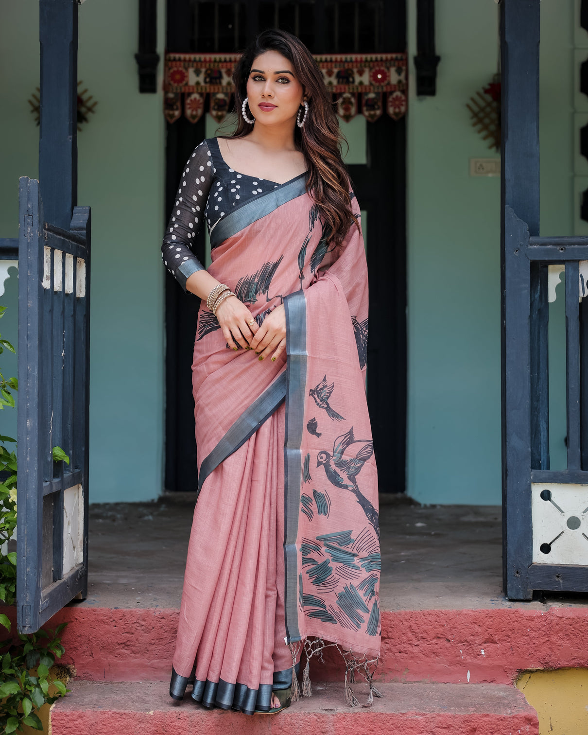 Blush pink pure cotton linen saree with contrast polka dot blouse and tassel detailing mameraa