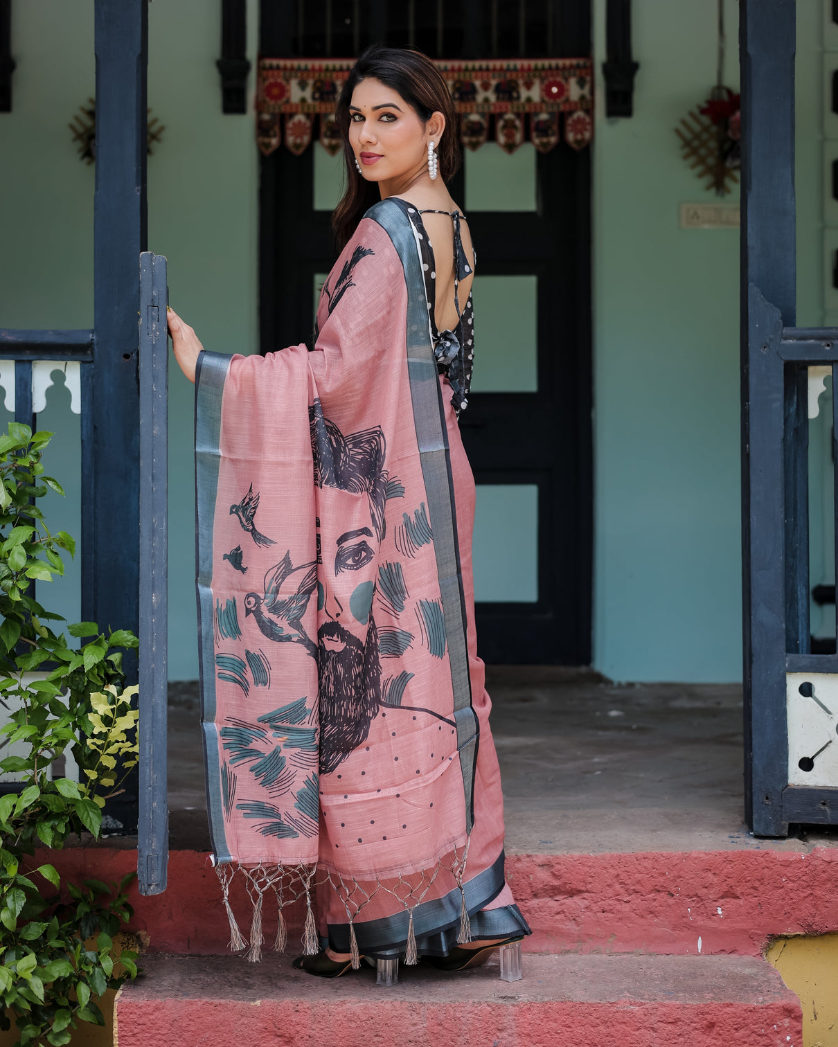 Blush pink pure cotton linen saree with contrast polka dot blouse and tassel detailing