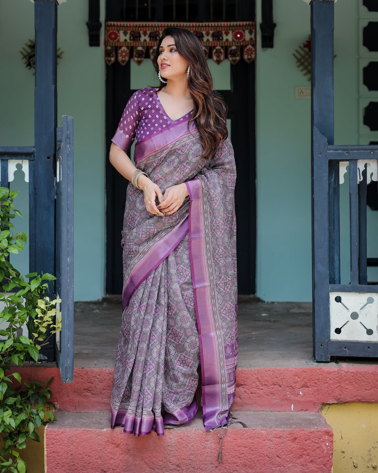 Elegant purple cotton linen saree with geometric motif and blouse