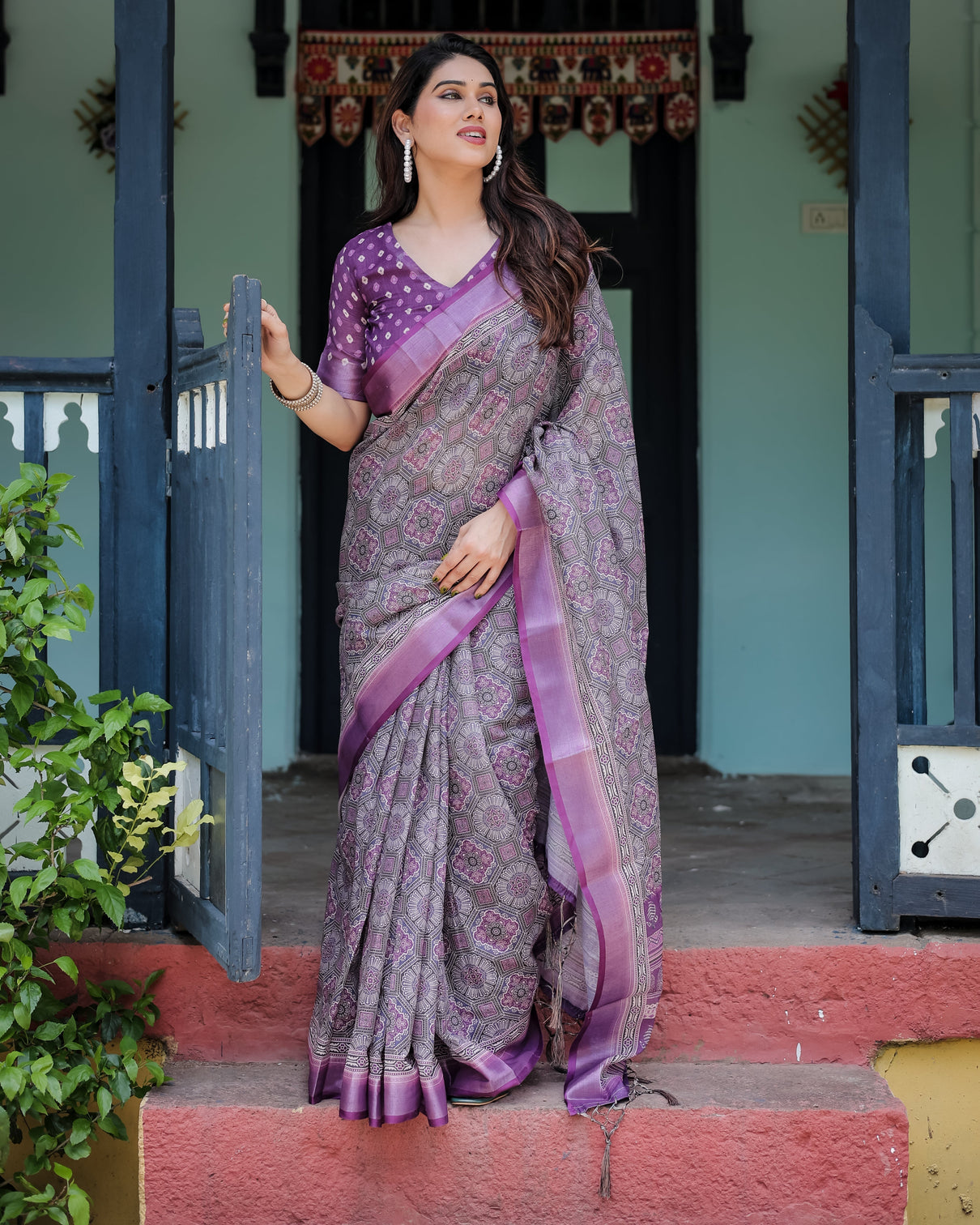 Elegant purple cotton linen saree with geometric motif and blouse