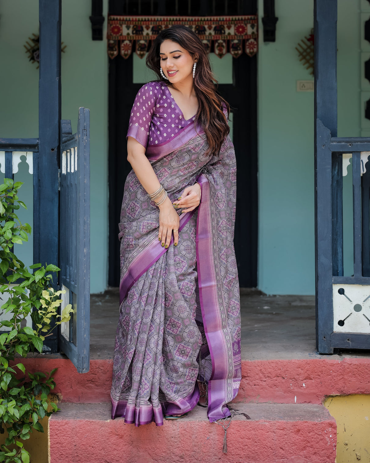 Elegant purple cotton linen saree with geometric motif and blouse mameraa