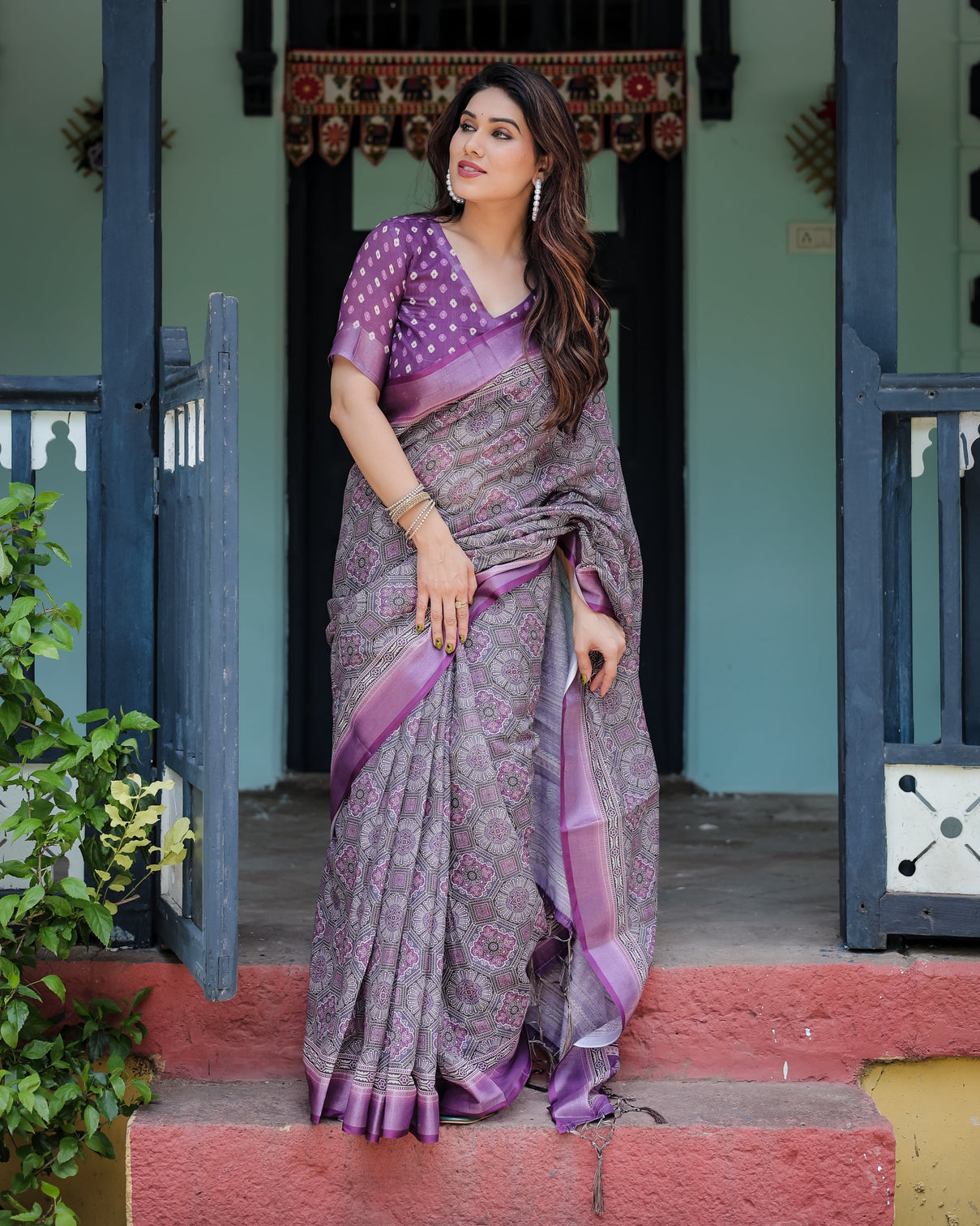 Elegant purple cotton linen saree with geometric motif and blouse