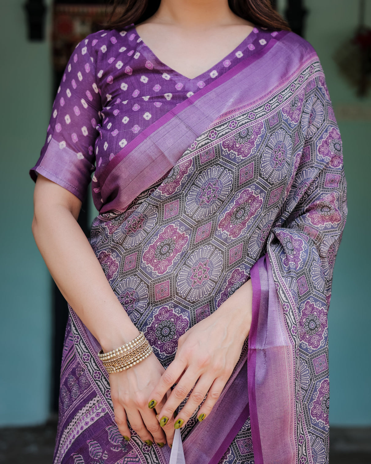 Elegant purple cotton linen saree with geometric motif and blouse