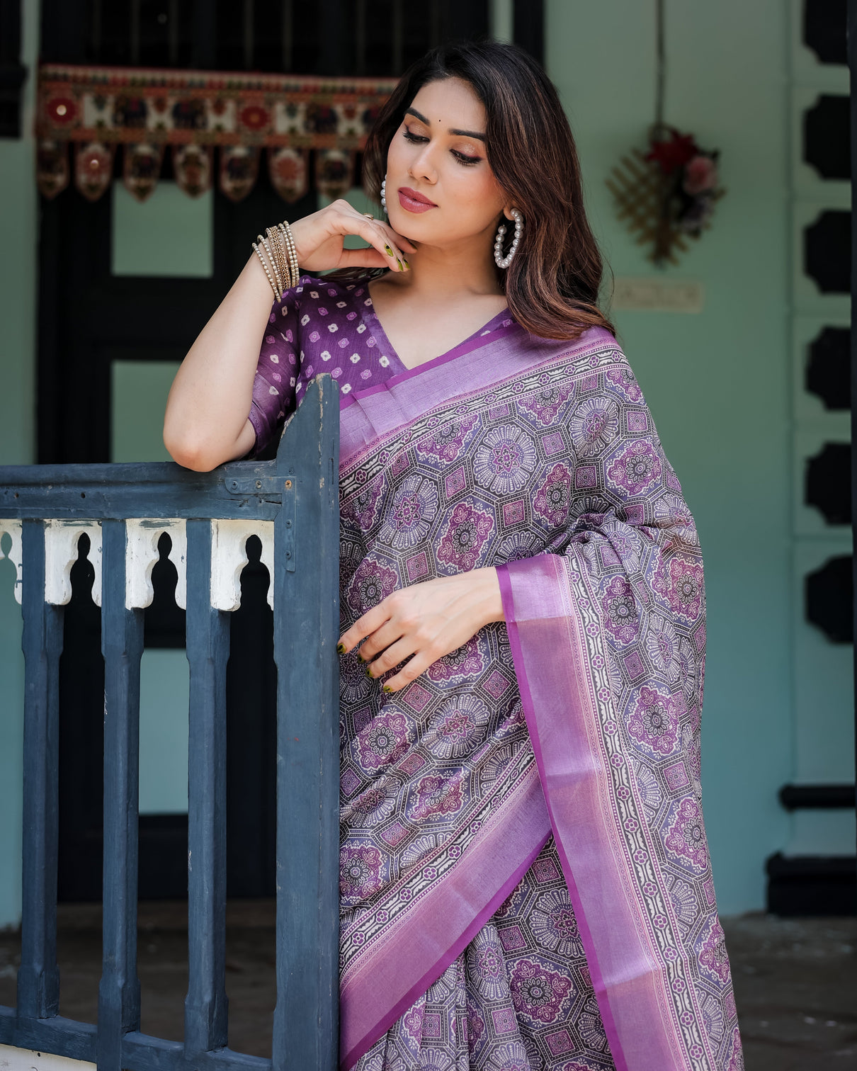 Elegant purple cotton linen saree with geometric motif and blouse