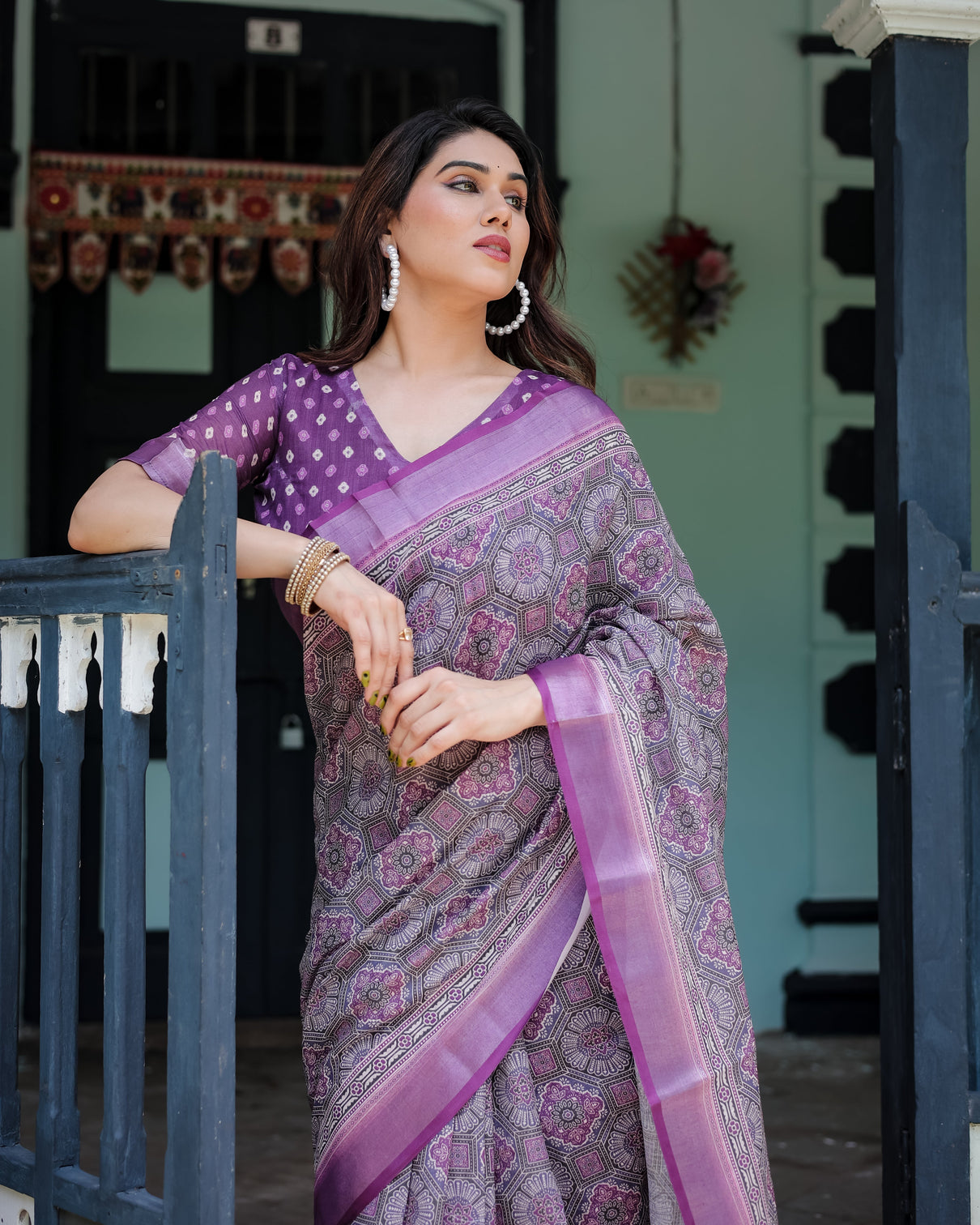 Elegant purple cotton linen saree with geometric motif and blouse
