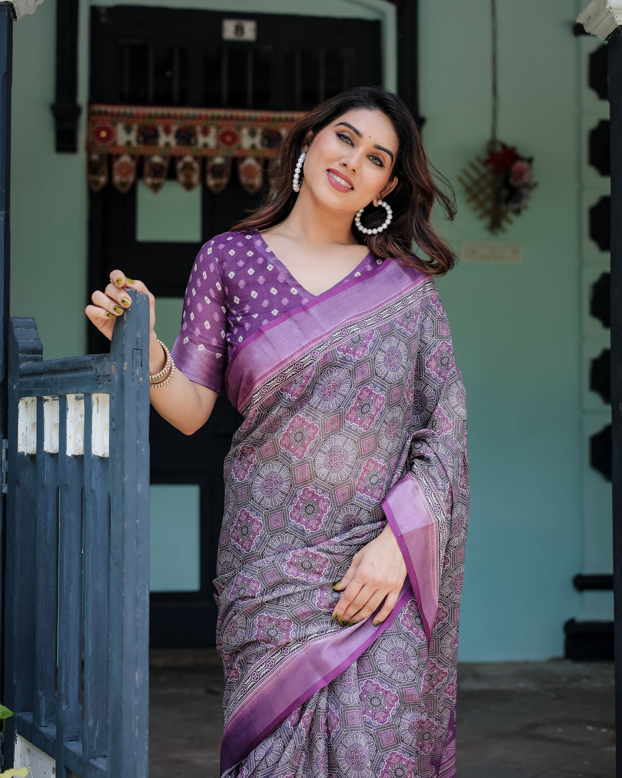 Elegant purple cotton linen saree with geometric motif and blouse