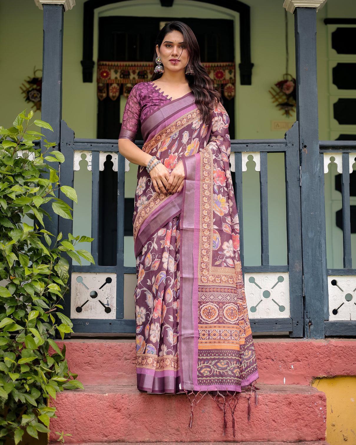 Purple floral printed pure cotton linen saree with blouse and tassels mameraa