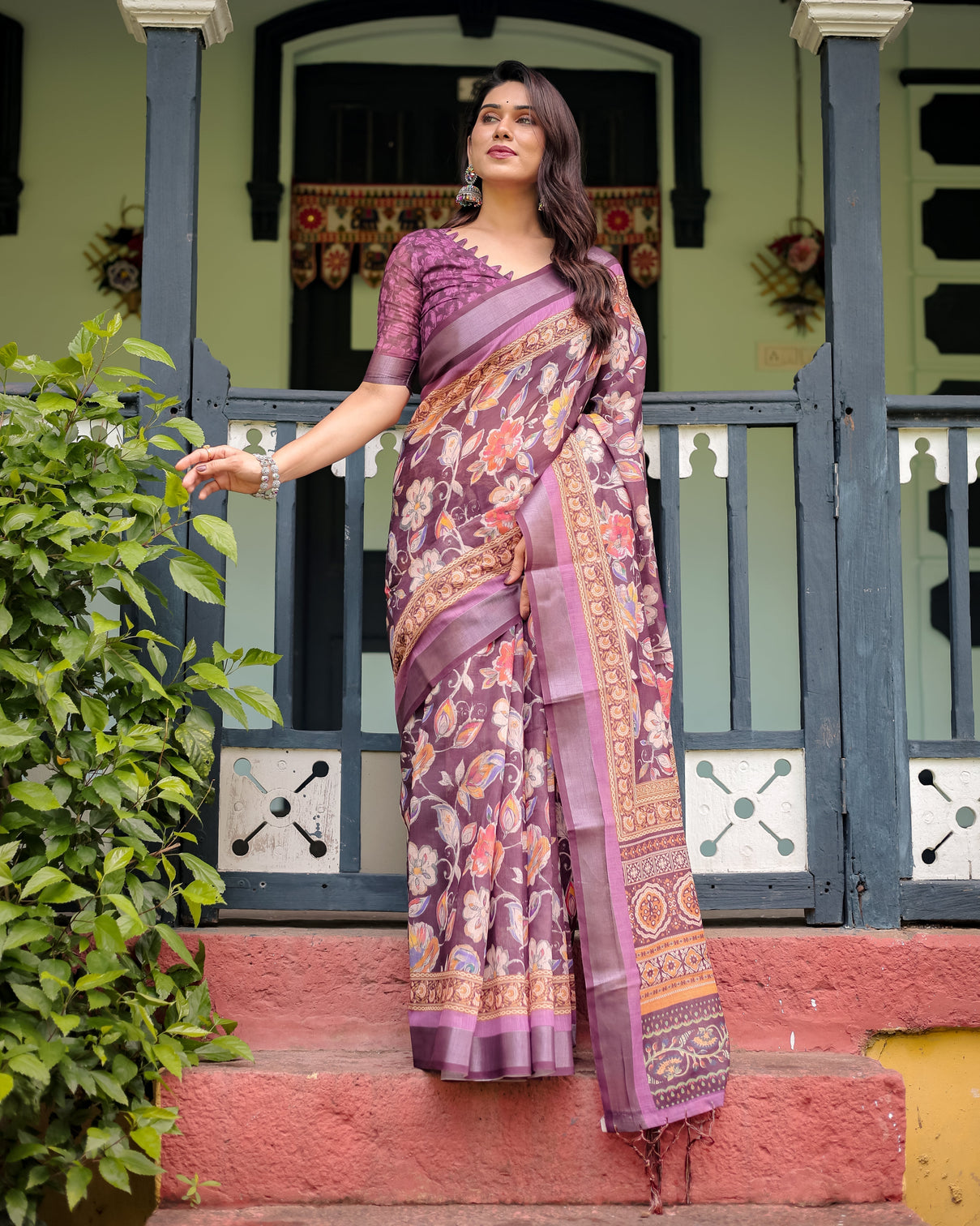Purple floral printed pure cotton linen saree with blouse and tassels