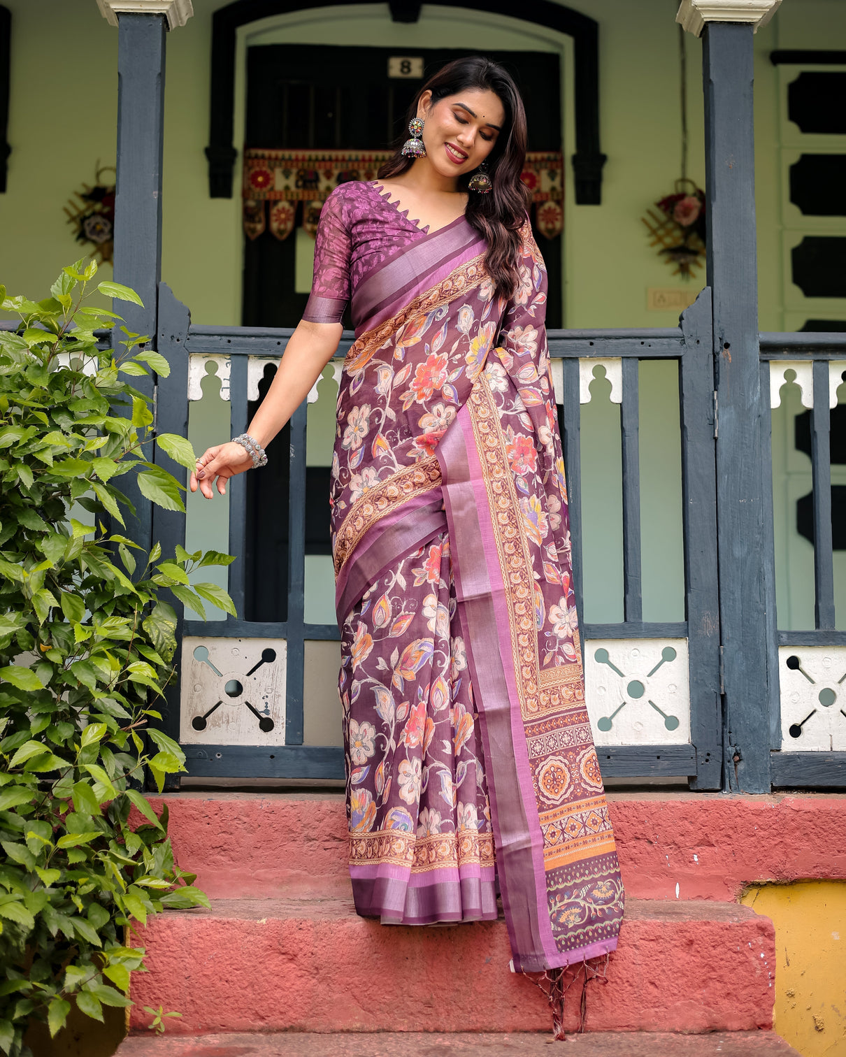 Purple floral printed pure cotton linen saree with blouse and tassels