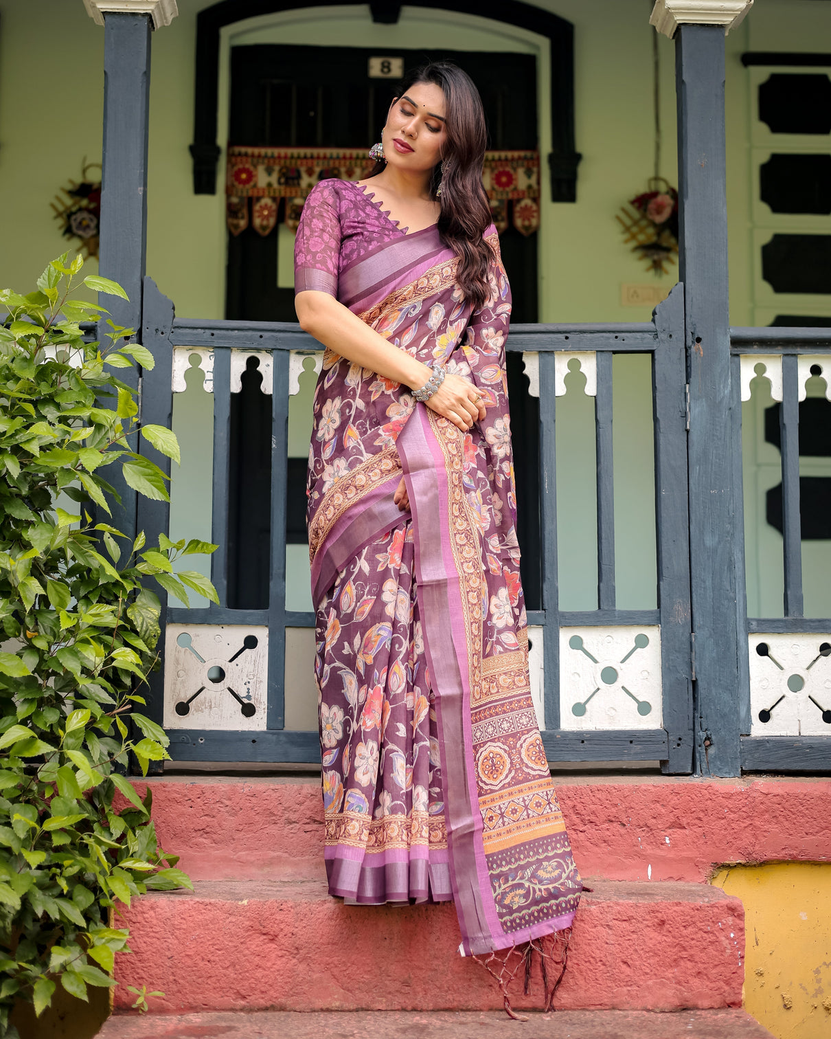 Purple floral printed pure cotton linen saree with blouse and tassels