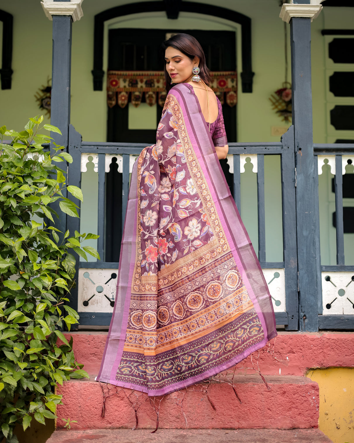 Purple floral printed pure cotton linen saree with blouse and tassels