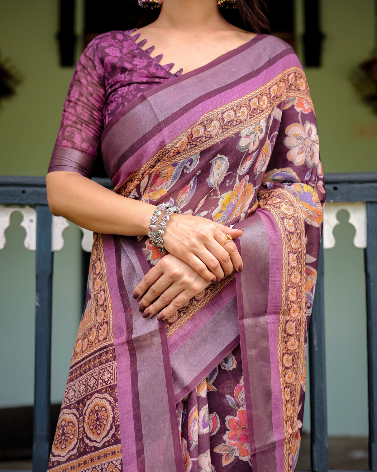 Purple floral printed pure cotton linen saree with blouse and tassels